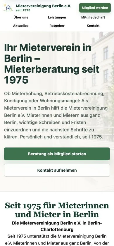 Mobile Ansicht der Website der Mietervereinigung Berlin