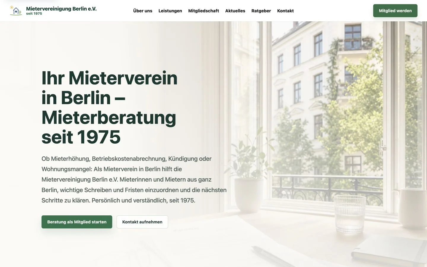 Startseite der neu aufgebauten Website der Mietervereinigung Berlin