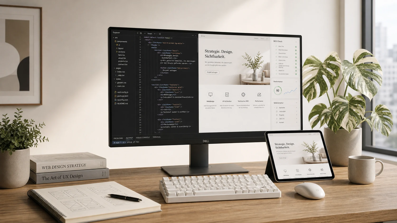 Heller Webdesign-Arbeitsplatz mit Widescreen, Website-Vorschau, iPad und Design-Entwurf